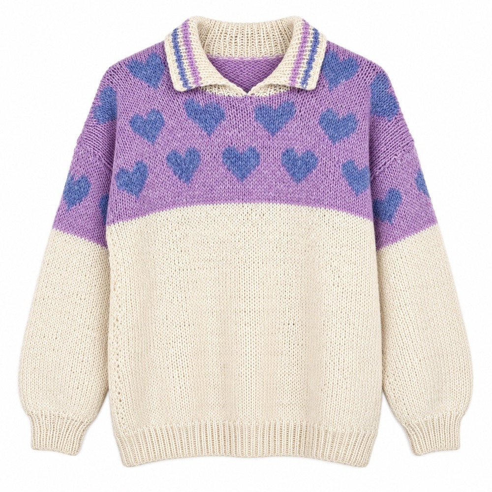 Handmade Vintage Sweater L 100% Wool Cottage Chunky Hearts Cream Thick Feminine